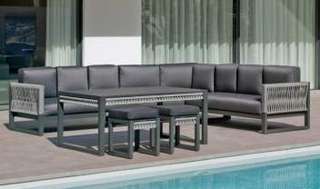 Rinconera 8p de aluminio + mesa + tabs [Monterrey] de Hevea - Rinconera modular lujo de 8 plazas para jardín + mesa centro + 2 taburetes. Fabricado de aluminio y cuerda. Colores: blanco, gris, marrón o champagne.