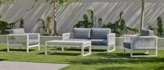 Sofá 2p + 2 sillones + tabs, aluminio [Monterrey] de Hevea - Conjunto de aluminio-cuerda para jardín: 1 sofá de 2 plazas + 2 sillones + 1 mesa de centro + 2 taburetes. Colores disponibles: blanco, gris, marrón o champagne.