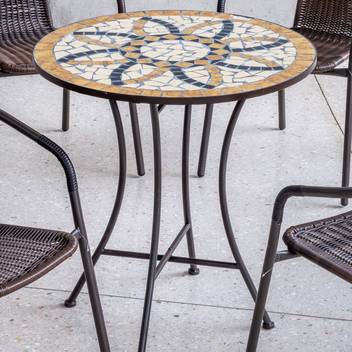 Mesa mosaico ◯75 de acero color bronce [Bora] de Hevea - Mesa de forja color bronce para jardín o terraza, con tablero mosaico redondo de 75 cm.
