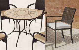 Conjunto Mosaico Bora90-Bahia de Hevea - Conjunto de forja color marrón: mesa con tablero mosaico de 90 cm + 4 sillones de ratán sintético con cojines.