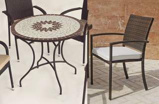 Conjunto Mosaico Estela90-Bahia de Hevea - Conjunto de forja color marrón: mesa con tablero mosaico de 90 cm + 4 sillones de ratán sintético con cojines.