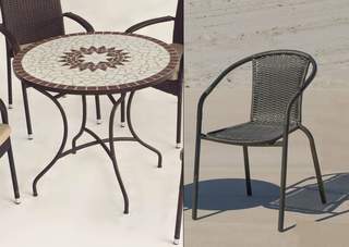 Set mesa mosaico ◯90 + 4 sillones de wicker [Est] de Hevea - Conjunto para jardín o terraza: mesa de forja color bronce, con tablero mosaico de 90 cm + 4 sillones apilables de wicker sintético.