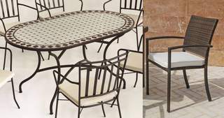 Conjunto Mosaico Sambala150-Bahia de Hevea - Conjunto de forja color marrón: mesa con tablero mosaico ovalado de 150 cm + 4 sillones de ratán con cojines.