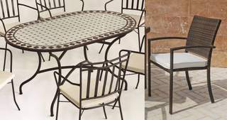 Set mesa mosaico ⬯150 + 4 sillones de ratán [Sabh] de Hevea - Conjunto de forja color marrón para jardín: mesa con tablero mosaico ovalado de 150 cm + 4 sillones de ratán con cojines.
