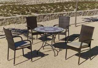 Conjunto Mosaico Aney-Bergamo 100-4 de Hevea - Conjunto de acero forjado color bronce: 1 mesa de forja con panel mosaico + 4 sillones de ratán sintético + 4 cojines
