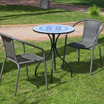 Mesa mosaico ◯60 + 2 sillones wicker [Berna-San] de Hevea - Conjunto de acero color gris para jardín y terraza: mesa redonda de acero forjado, con tablero mosaico de 60 cm. + 2 sillones apilables de wicker