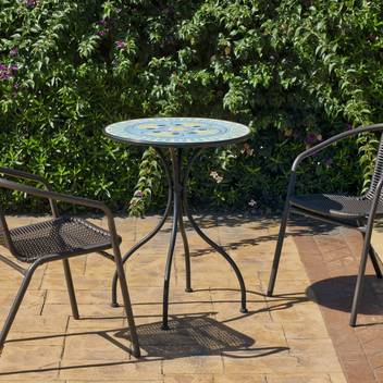 Mesa mosaico ◯60 + 2 sillones wicker [Dorian-San] de Hevea - Conjunto de acero color gris para jardín y terraza: mesa de acero forjado, con tablero mosaico circular de 60 cm. + 2 sillones apilables de wicker