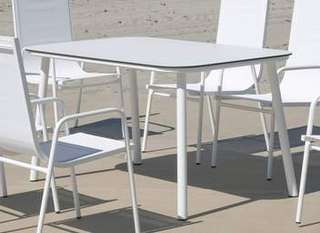 Mesa Mundra HPL-150 de Hevea - Mesa rectangular de aluminio para jardín, con pata circular y tablero HPL de 150 cm. de esquinas redondenadas. Colores: blanco o antracita.