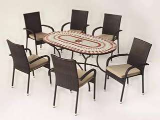 Conjunto Mosaico Neypal150-Bergamo de Hevea - Conjunto de forja color bronce: mesa con tablero mosaico de 150 cm + 6 sillones con cojines asiento.