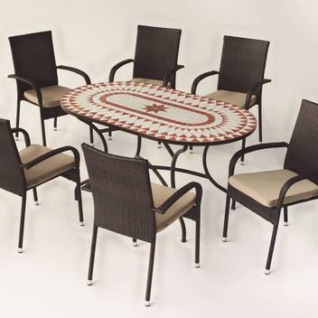 Set mesa mosaico ⬯150 + 4 sillones de ratán [Ney] de Hevea - Conjunto de forja color bronce para jardín: mesa con tablero mosaico de 150 cm + 6 sillones con cojines asiento.
