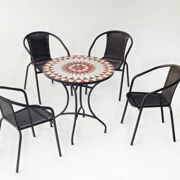 Set mesa mosaico ◯75 + 4 sillones de wicker [Bras] de Hevea - Conjunto para jardín o terraza: mesa de forja color bronce, con tablero mosaico de 75 cm + 4 sillones apilables de wicker sintético.