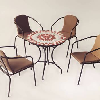 Set mesa mosaico ◯75 + 4 sillones de aluminio [Ny] de Hevea - Conjunto para jardín o terraza: mesa de forja color bronce, con tablero mosaico de 75 cm + 4 sillones apilables de aluminio con cojín.