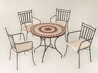 Conjunto Mosaico Neypal-Shifa de Hevea - Conjunto de forja color bronce: mesa con tablero mosaico de 90 cm + 4 sillones con cojines asiento.