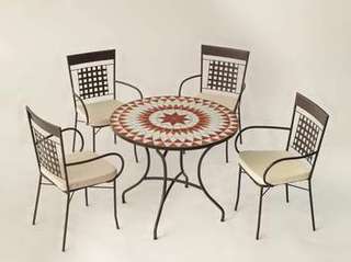 Conjunto Mosaico Neypal90-Vigo de Hevea - Mesa redonda 90 cm. de acero forjado con tablero mosaico y 4 sillones de forja con cojines