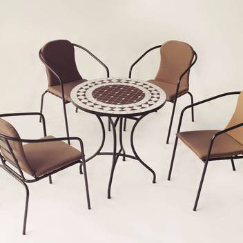 Set mesa mosaico ◯75 + 4 sillones de aluminio [Or] de Hevea - Conjunto para jardín o terraza: mesa de forja color bronce, con tablero mosaico de 75 cm + 4 sillones apilables de aluminio con cojín.
