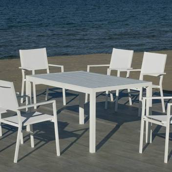 Mesa ▯150 aluminio+ 4 sillones textilen [Palma-Co] de Hevea - Conjunto de aluminio: Mesa de comedor rectangular de 150 cm. + 4 sillones de textilen. Disponible en color blanco, antracita, champagne, plata, marrón o nude.