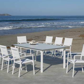 Mesa ▯200 de aluminio y tablero HPL [Palma] de Hevea - Mesa de 200 cm para jardín, con tablero laminado HPL ultra resistente. Estructura de aluminio color blanco, antracita, champagne, plata, marrón o nude.