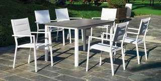 Conjunto Aluminio Palma-Milos 150-4 de Hevea - Conjunto aluminio: mesa de 150 cm. con tablero HPL + 4 sillones apilables de textilen acolchados