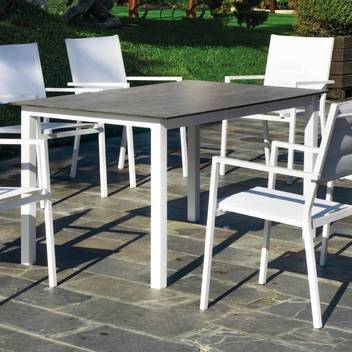 Conjunto mesa ▯150 + 4 sillones [Palma-Milos] de Hevea - Conjunto aluminio para jardín: mesa de 150 cm. con tablero HPL + 4 sillones apilables de textilen acolchados