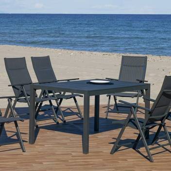 Set aluminio: mesa ▯150 + 4 tumbonas [Saporo] de Hevea - Conjunto aluminio color antracita para jardín: Mesa rectangular 150 cm + 4 tumbonas con asiento y respaldo textilen.