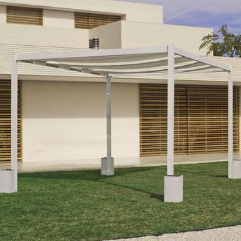 Pérgola c/ Jardineras Boston de Hevea - Pérgola con toldo superior. Estructura y toldo color blanco. Con 4 jardinera rellenables con 25Kg por unidad.