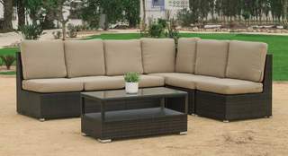 Set ratán: rinconera 6 plazas + mesa  [Arizona] de Hevea - Conjunto rinconera modular 6 plazas para jardín: 1 módulo rincón central + 5 módulos sin brazos + mesa de centro