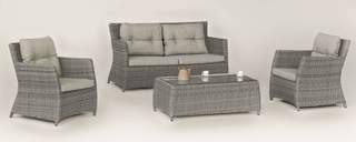 Set ratán: sofá 2p + sillones + mesa [Ravella] de Hevea - Conjunto de ratán sintético color gris para jardín: 1 sofá de 2 plazas + 2 sillones + 1 mesa de centro + cojines a juego