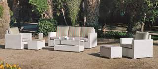 Set ratán: sofá 3p + 2 sillones + mesa [Tuscan] de Hevea - Conjunto para jardín de ratán sintético color blanco para jardín: sofá 3 plazas + 2 sillones confort + mesa de centro