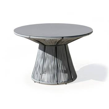 Mesa ◯120 de aluminio y cuerda [Rodhos] de Hevea - Mesa circular de 120 cm para jardín, con tablero HPL o Fenólico. Estructura aluminio revestida de cuerda. Colores: blanco, gris, marrón o champagne.