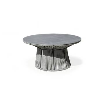 Mesa ◯150 de aluminio y cuerda [Rodhos] de Hevea - Mesa circular 150 cm para jardín, con tablero HPL, de piedra sinterizada o Fenólico. Estructura aluminio revestida de cuerda. Varios colores.