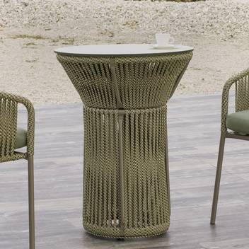 Mesa ◯60 de aluminio y cuerda [Rodhos] de Hevea - Mesa circular 60 cm para jardín o terraza, con tablero HPL o Fenólico. Estructura aluminio revestida de cuerda. Colores: blanco, gris, marrón o champagne.