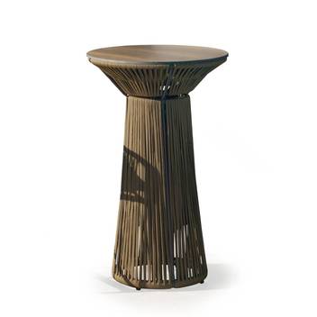 Mesa de coctel ◯70 de aluminio y cuerda [Rodhos] de Hevea - Mesa alta de coctel de 70 cm para jardín, con tablero HPL o Fenólico. Estructura aluminio revestida de cuerda. Colores: blanco, gris, marrón o champagne.