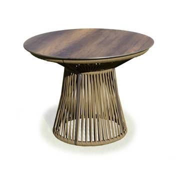 Mesa ◯90 de aluminio y cuerda [Rodhos] de Hevea - Mesa circular 90 cm para jardín o terraza, con tablero HPL o Fenólico. Estructura aluminio revestida de cuerda. Colores: blanco, gris, marrón o champagne.