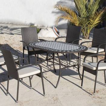 Set mesa mosaico ⬯150 + 4 sillones de ratán [Samb] de Hevea - Conjunto de forja color marrón para jardín: mesa con tablero mosaico ovalado de 150 cm + 4 sillones de ratán con cojines.