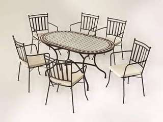 Conjunto Mosaico Sambala-Shifa de Hevea - Conjunto de forja color bronce: mesa con tablero mosaico de 150 cm + 6 sillones con cojines asiento.