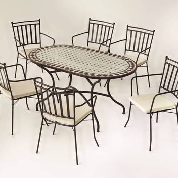 Set mesa mosaico ⬯150 + 4 sillones de forja [Shif] de Hevea - Conjunto de forja color bronce para jardín: mesa con tablero mosaico de 150 cm + 6 sillones con cojines asiento.