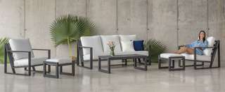 Set Aluminio Luxe Aleli-8 de Hevea - Lujoso conjunto de aluminio: 1 sofá de 3 plazas + 2 sillones + 1 mesa de centro. Disponible en color blanco, antracita, champagne, plata o marrón