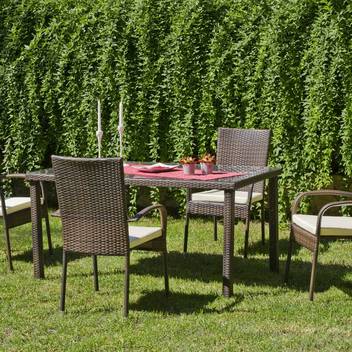 Conjunto mesa ▯150 + 4 sillones de ratán [Bergamo] de Hevea - Conjunto de ratán sintético color marrón para jardín: mesa de 150 cm. con tapa de cristal templado + 4 sillones con cojín