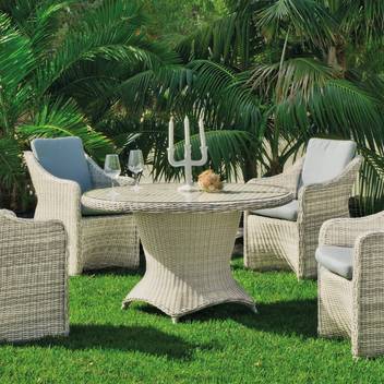 Mesa ◯120 de ratán + 4 sillones c/cojín [Celebes] de Hevea - Conjunto de médula sintética lujo para jardín: 1 mesa comedor 120 cm+ 4 sillones con cojines Dralón Lux.