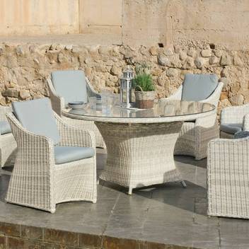 Mesa ◯150 de ratán + 6 sillones c/cojín [Celebes] de Hevea - Conjunto de médula sintética lujo para jardín: 1 mesa comedor 150 cm+ 6 sillones con cojines Dralón Lux
