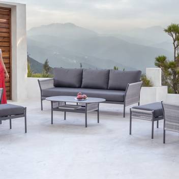 Conjunto sofá 3p+sillones+mesa+taburetes [Celina] de Hevea - Conjunto de aluminio para jardín color blanco, antracita o champagne con cuerda redonda: 1 sofá de 3 plazas + 2 sillones + 1 mesa de centro + 2 taburetes.