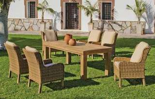 Set Madera Teka Cobo-Etna de Hevea - Conjunto para jardín de madera de teka: mesa de madera de teka de 200 cm + 6 sillones con cojines de ratán sintético