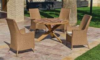 Set Madera Teka Rich-Babylon-140 de Hevea - Conjunto para jardín de madera de teka: mesa de madera de teka de 140 cm + 4 sillones con cojines de ratán sintético
