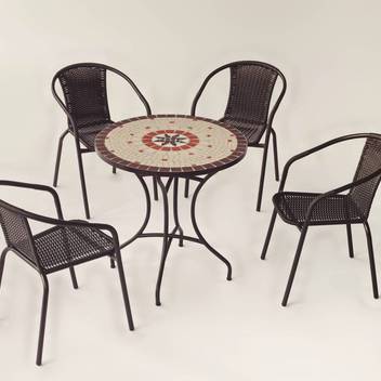 Set mesa mosaico ◯75 + 4 sillones de wicker [Sici] de Hevea - Conjunto para jardín o terraza: mesa de forja color bronce, con tablero mosaico de 75 cm + 4 sillones apilables de wicker sintético.