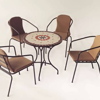 Set mesa mosaico ◯75 + 4 sillones de aluminio [Si] de Hevea - Conjunto para jardín o terraza: mesa de forja color bronce, con tablero mosaico de 75 cm + 4 sillones apilables de aluminio con cojín.