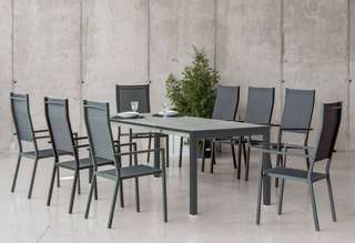 Set Aluminio Singapur-Janeiro 215-6 de Hevea - Conjunto de aluminio: mesa extensible con tablero HPL + 6 sillones altos de textilen. Disponible en color blanco o antracita.