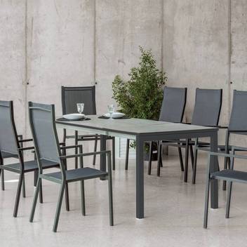 Set Aluminio Singapur-Janeiro 215-6 de Hevea - Conjunto de aluminio: mesa extensible con tablero HPL + 6 sillones altos de textilen. Disponible en color blanco o antracita.