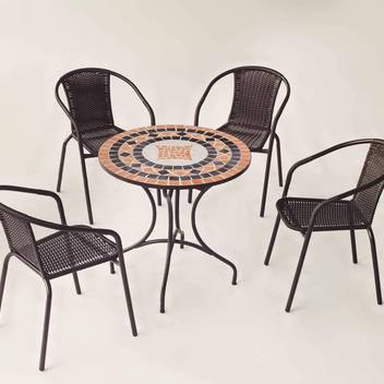 Set mesa mosaico ◯75 + 4 sillones de wicker [Sori] de Hevea - Conjunto para jardín o terraza: mesa de forja color bronce, con tablero mosaico de 75 cm + 4 sillones apilables de wicker sintético.