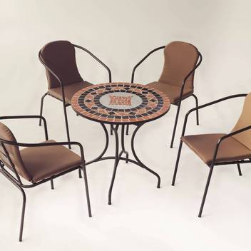 Set mesa mosaico ◯75 + 4 sillones de aluminio [So] de Hevea - Conjunto para jardín o terraza: mesa de forja color bronce, con tablero mosaico de 75 cm + 4 sillones apilables de aluminio con cojín.