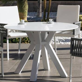 Mesa Krion Valonia-120 de Hevea - Mesa lujo circular de 120 cm, con tablero de Krion de calidad superior. Estructura robusta de aluminio color blanco.